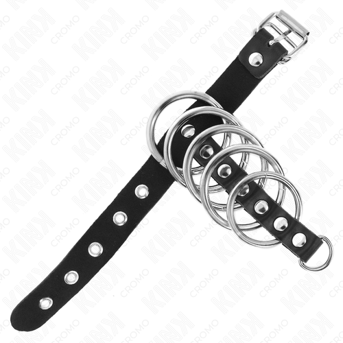 KINK - Anel peniano de couro com fecho de segurança, 21 x 2 cm, e 5 anéis de metal de 3 cm a 4 cm