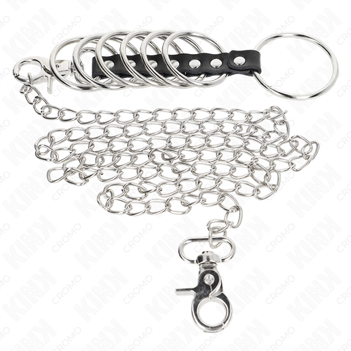 KINK - 7 ANÉIS PENIANOS DE METAL DE 3,8 CM A 5 CM CONECTADOS POR CORRENTE DE COURO E METAL DE 100 CM