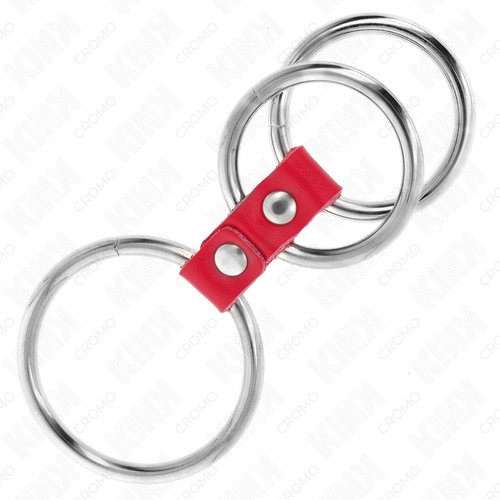 KINK - ANEL PENIANO TRIPLO DE METAL DE 3,7 CM A 5 CM CONECTADO COM COURO VERMELHO