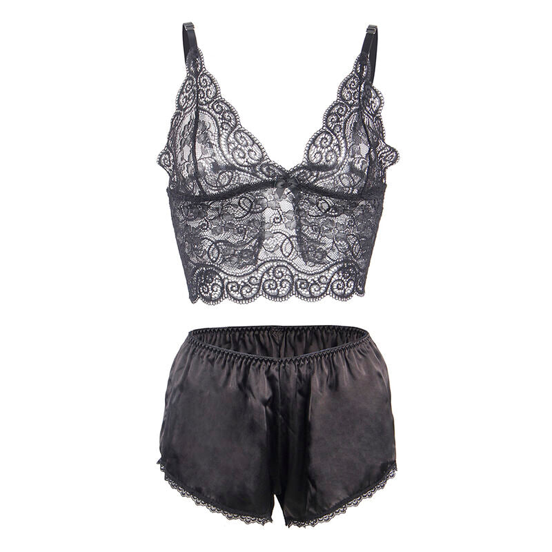 CAMISOLA DE SEDA E RENDA + CALCINHA PRETA TAMANHO L/XL