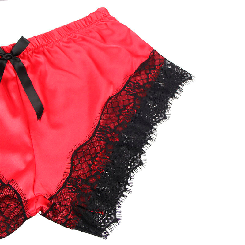 CAMISOLA DE SEDA CASUAL + CALÇA DE RENDA PRETA/VERMELHA L/XL