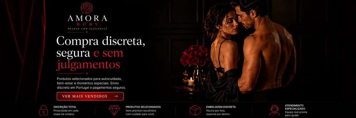 Banner principal da Amora Ruby com destaque para compra discreta, envios em Portugal, pagamentos seguros e produtos de bem-estar íntimo.