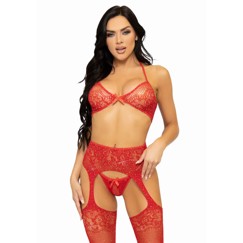 LEG AVENUE - CONJUNTO DE TRÊS PEÇAS: SUTIÃ, CALCINHA FIO DENTAL E MEIA - TAMANHO ÚNICO