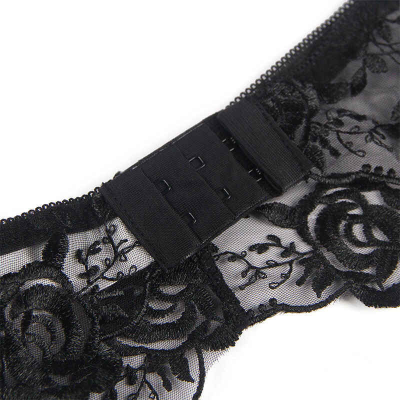 CONJUNTO DE 3 PEÇAS: SUTIÃ + CALCINHA FIO DENTAL + LIGA, ESTAMPA FLORAL, PRETO