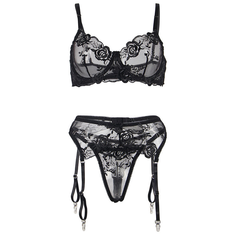 CONJUNTO DE 3 PEÇAS: SUTIÃ + CALCINHA FIO DENTAL + LIGA, ESTAMPA FLORAL, PRETO