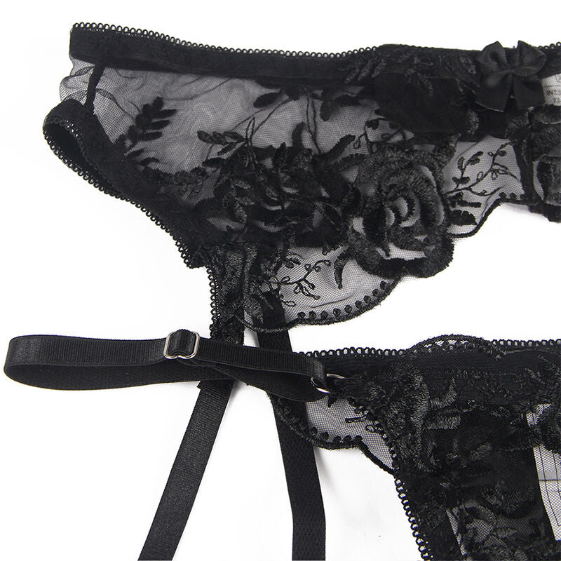 CONJUNTO DE 3 PEÇAS: SUTIÃ + CALCINHA FIO DENTAL + LIGA, ESTAMPA FLORAL, PRETO