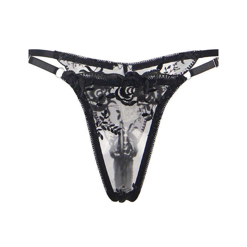 CONJUNTO DE 3 PEÇAS: SUTIÃ + CALCINHA FIO DENTAL + LIGA, ESTAMPA FLORAL, PRETO