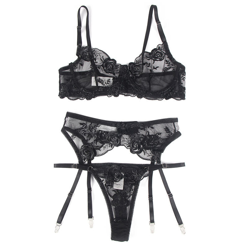 CONJUNTO DE 3 PEÇAS: SUTIÃ + CALCINHA FIO DENTAL + LIGA, ESTAMPA FLORAL, PRETO