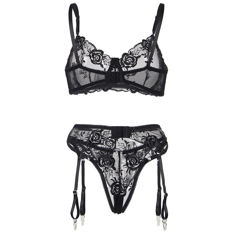 CONJUNTO DE 3 PEÇAS: SUTIÃ + CALCINHA FIO DENTAL + LIGA, ESTAMPA FLORAL, PRETO
