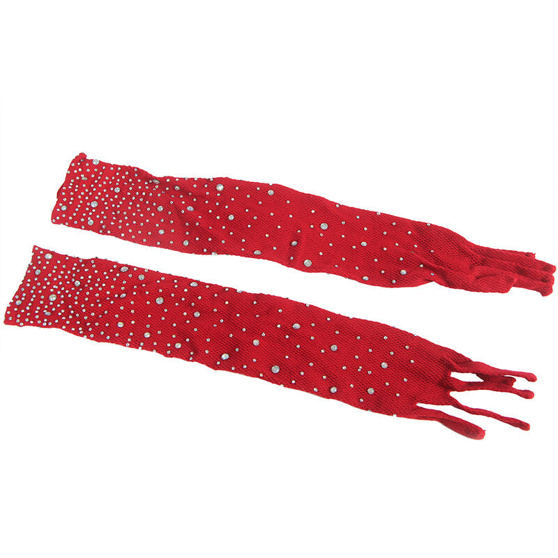 MEIA-CALÇA DE REDE COM LUVAS E DIAMANTES VERMELHA TAMANHO ÚNICO