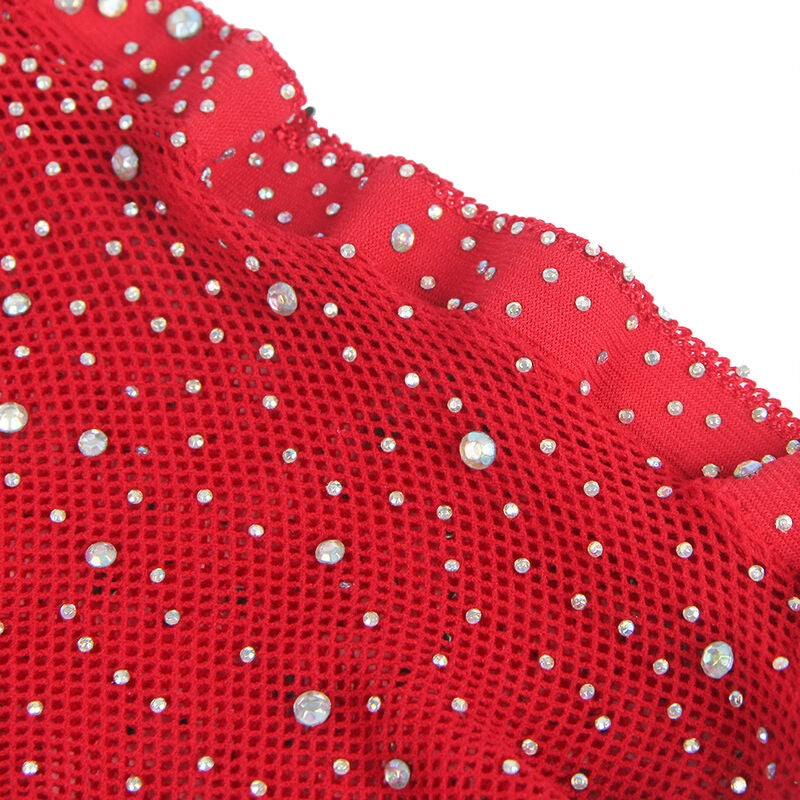 MEIA-CALÇA DE REDE COM LUVAS E DIAMANTES VERMELHA TAMANHO ÚNICO