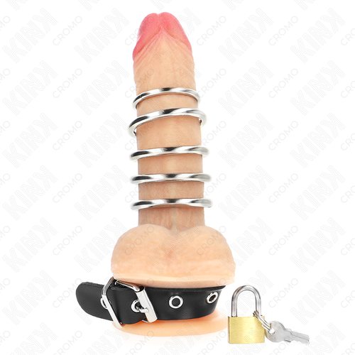 KINK - Anel peniano de couro com fecho de segurança, 21 x 2 cm, e 5 anéis de metal de 3 cm a 4 cm