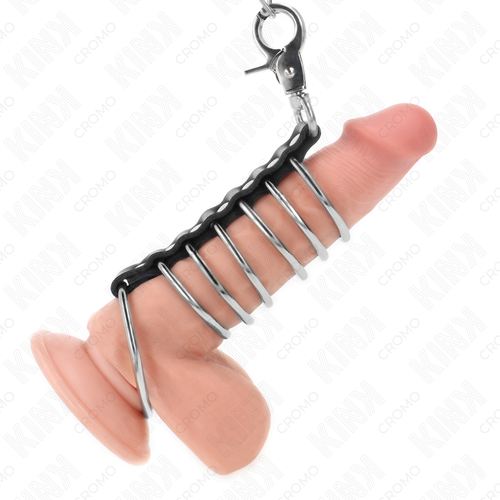 KINK - 7 ANÉIS PENIANOS DE METAL DE 3,8 CM A 5 CM CONECTADOS POR CORRENTE DE COURO E METAL DE 100 CM