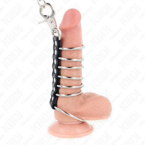 KINK - 7 ANÉIS PENIANOS DE METAL DE 3,8 CM A 5 CM CONECTADOS POR CORRENTE DE COURO E METAL DE 100 CM