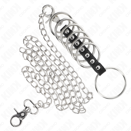 KINK - 7 ANÉIS PENIANOS DE METAL DE 3,8 CM A 5 CM CONECTADOS POR CORRENTE DE COURO E METAL DE 100 CM