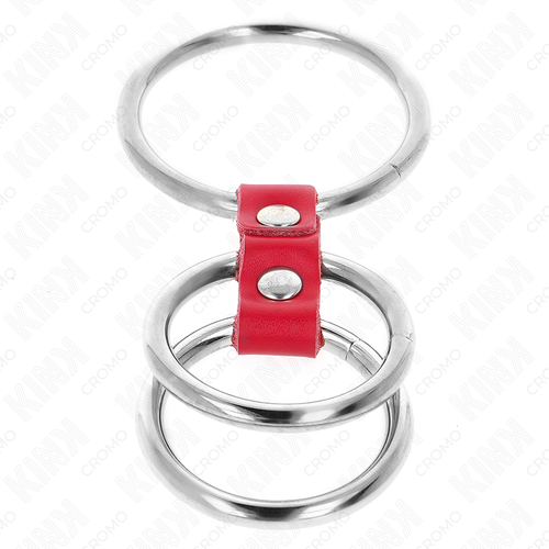 KINK - ANEL PENIANO TRIPLO DE METAL DE 3,7 CM A 5 CM CONECTADO COM COURO VERMELHO