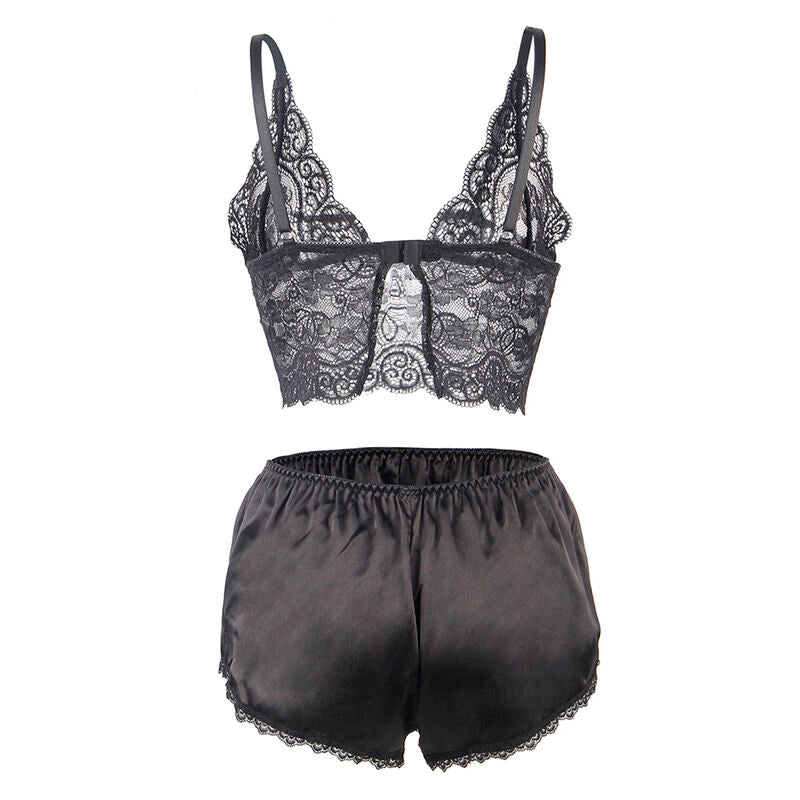 CAMISOLA DE SEDA E RENDA + CALCINHA PRETA TAMANHO L/XL