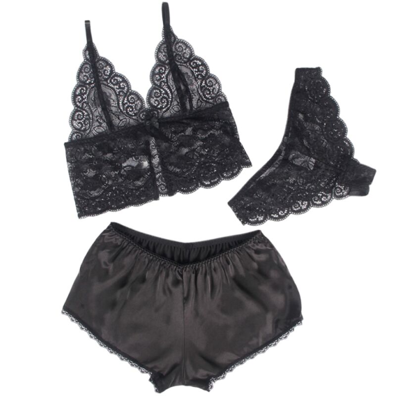 CAMISOLA DE SEDA E RENDA + CALCINHA PRETA TAMANHO L/XL