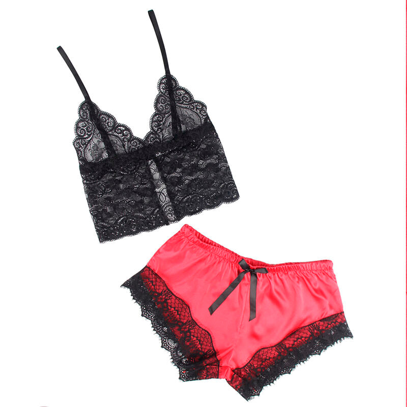 CAMISOLA DE SEDA CASUAL + CALÇA DE RENDA PRETA/VERMELHA L/XL