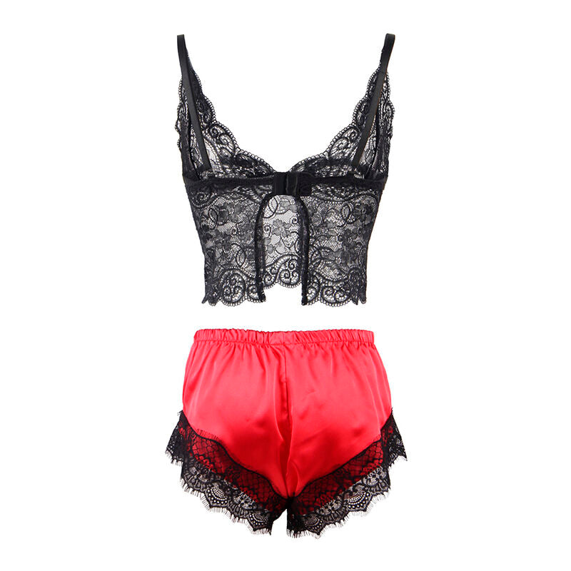 CAMISOLA DE SEDA CASUAL + CALÇA DE RENDA PRETA/VERMELHA L/XL
