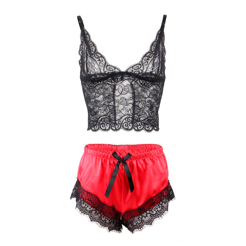 CAMISOLA DE SEDA CASUAL + CALÇA DE RENDA PRETA/VERMELHA L/XL