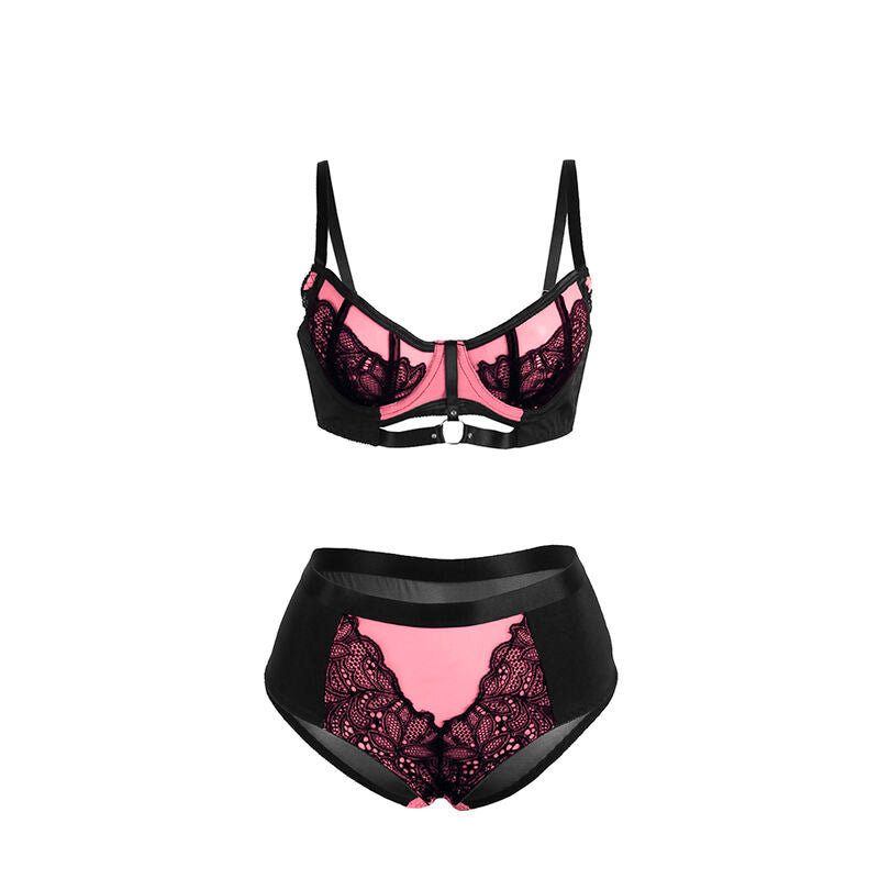 CONJUNTO DE SUTIÃ COM ZÍPER E MALHA EM COURO VERNIZ ROSA TAMANHO S/M