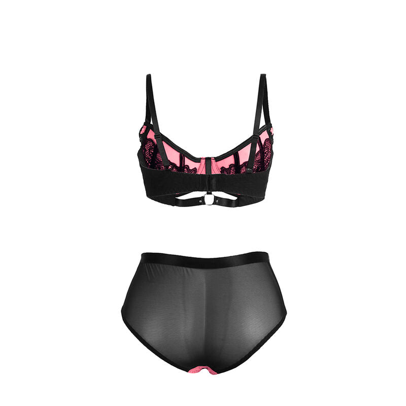 CONJUNTO DE SUTIÃ COM ZÍPER E MALHA EM COURO VERNIZ ROSA TAMANHO S/M