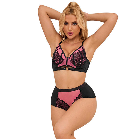 CONJUNTO DE SUTIÃ COM ZÍPER E MALHA EM COURO VERNIZ ROSA TAMANHO S/M