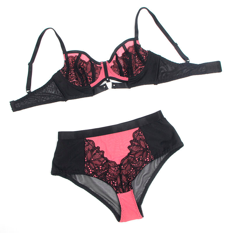 CONJUNTO DE SUTIÃ COM ZÍPER E MALHA EM COURO VERNIZ ROSA TAMANHO S/M