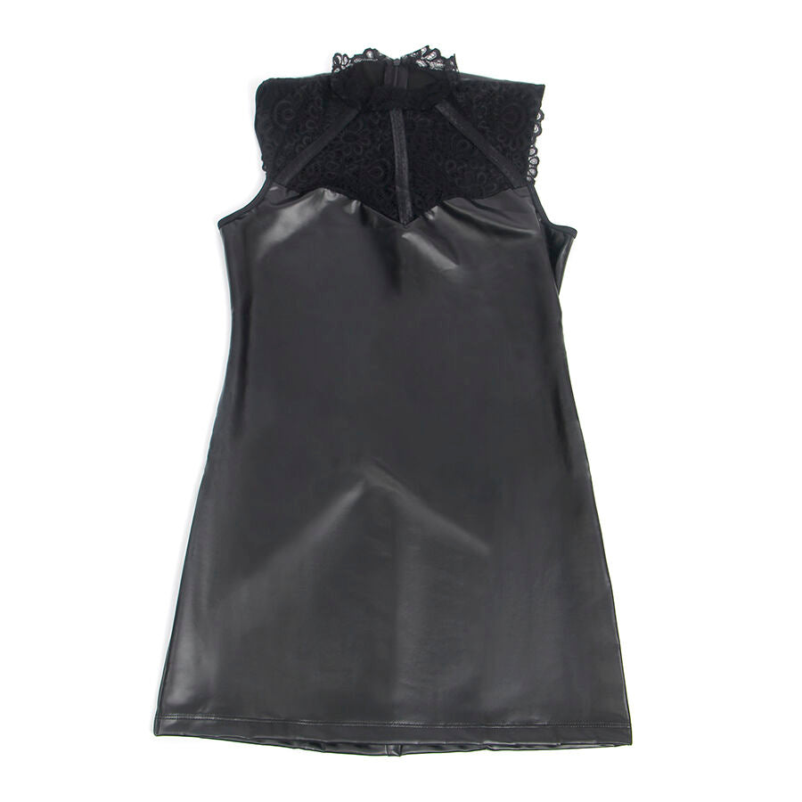 VESTIDO DE COURO COM GOLA DE RENDA PRETO
