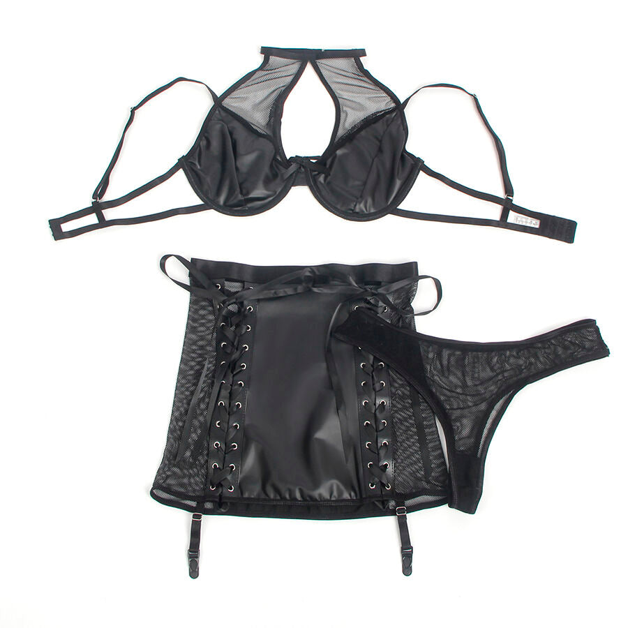 CONJUNTO DE SUTIÃ E SAIA DE COURO PRETO