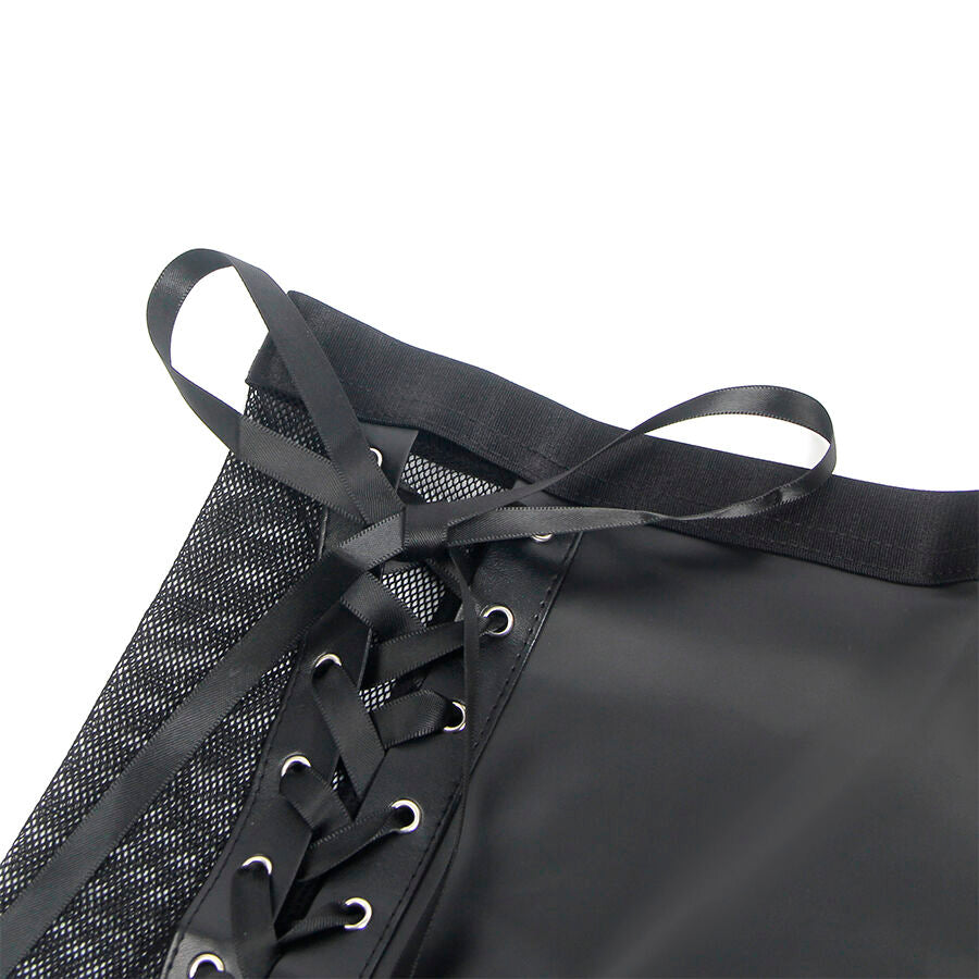 CONJUNTO DE SUTIÃ E SAIA DE COURO PRETO