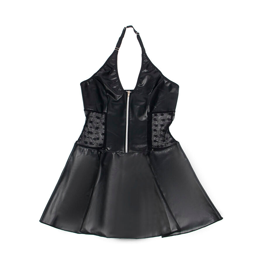 VESTIDO DE COURO COM ZÍPER E CADARÇO PRETO