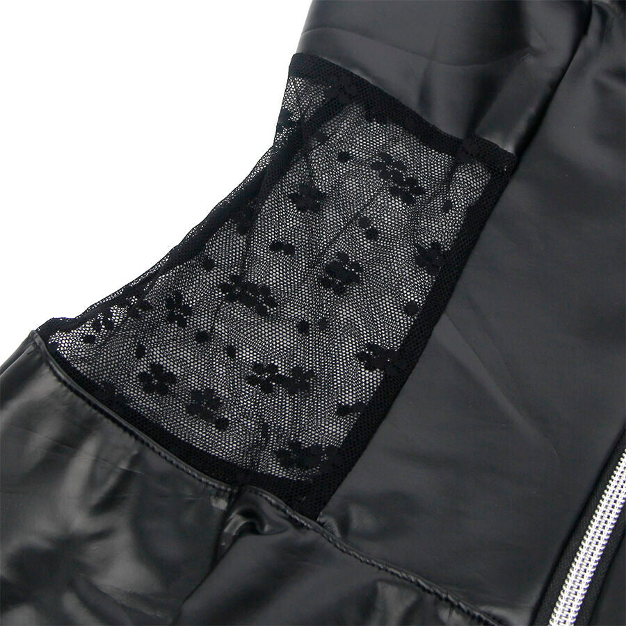 VESTIDO DE COURO COM ZÍPER E CADARÇO PRETO