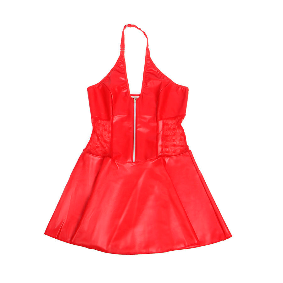 VESTIDO DE COURO COM ZÍPER E RENDA VERMELHO