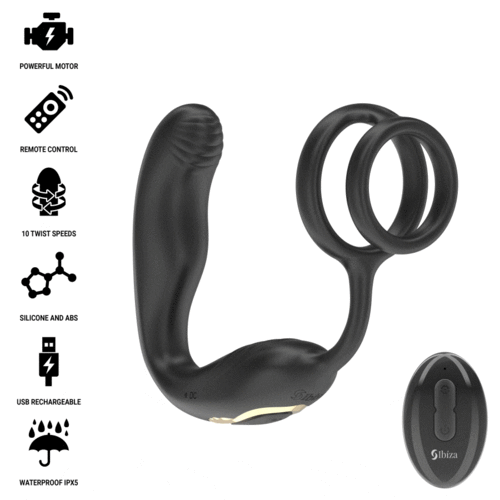 IBIZA - WIGGLE PLUGUE ANAL ROTATIVO COM CONTROLE REMOTO, VIBRAÇÃO PERINEAL E ANÉIS PARA AUMENTO DO PENIANO