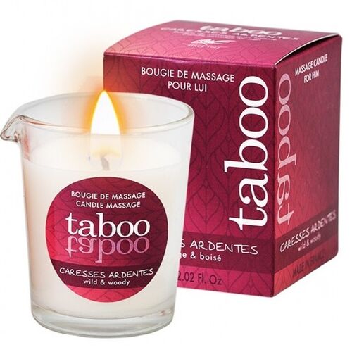 TABOO VELA DE MASSAGEM PARA ELE, CARÍCIAS ARDENTES, AROMA DE SAMAMBAIA